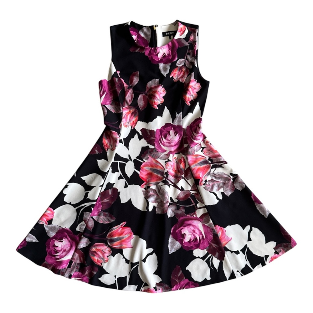 DKNY sleeveless rose print Floral Fit-and-Flare Dress in Black and Pink size 4